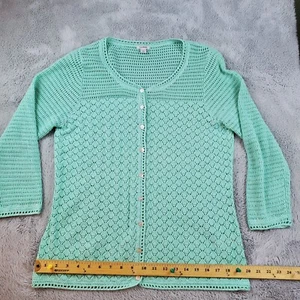 VTG LL Bean Linen Cardigan Large Open Knit Mint Greeen V-Neck MOP Buttons Lace - Picture 1 of 9