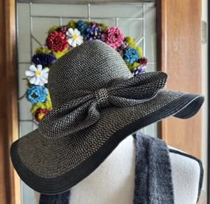 fabric Womens Large Black /beige Floppy Hat - Picture 1 of 8