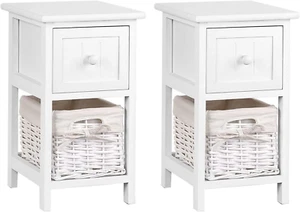 Bedside Table Set of 2 White Bed Baskets Side Tables Storage Small Narrow Desk C - Picture 1 of 12