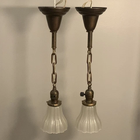 21” Long Pair Brass Pendant Light Fixtures W/  Scalloped Shades 65C Cover
