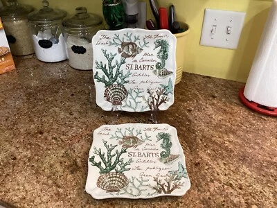 Maxcera Sealife Set of 2 St Bart's Coral Shell Square Salad Plate's 8.5" - Image 1 of 4