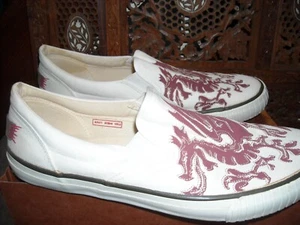 REPLAY canvas slipon, mens 12, red sole dragon embroidery vintage - Picture 1 of 8