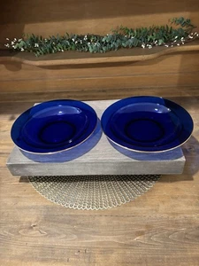 Set of 2 8.5" Cobalt Blue Glass Plate Bowl Gold Rim Lunch Salad Dessert STUNNING - Picture 1 of 9
