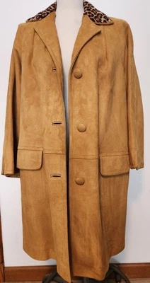 Винтажный ручной работы кожи замши Тренч меха леопард печать отделки большой Y2K - Изображение 1 из 4