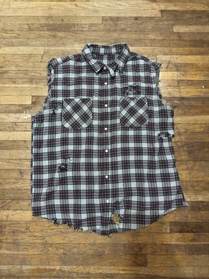 Distressed Sleeveless Flannel Plaid Shirt Medium Gray Red Blue Pearl Snap Skater - Image 1 of 4
