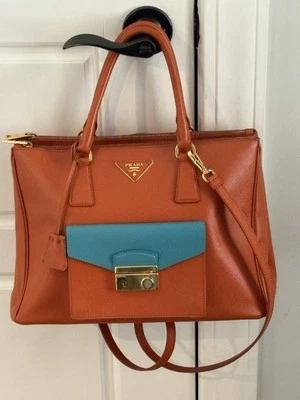 Prada Galleria Saffiano Lux Front Pocket Cargo Tote Papaya & Turchese - Image 1 of 4