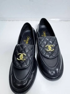 Chanel CC Logo Black Leather Loafers Size 37 – Quilted Gold Hardware Luxury Shoe - Picture 1 of 10