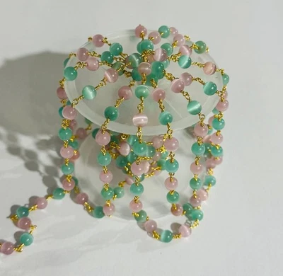 8mm Rosa y Verde Monalisha Cuentas Ovaladas Rosario Cadena Chapada en Oro Rollo a Granel Foto 1 de 4