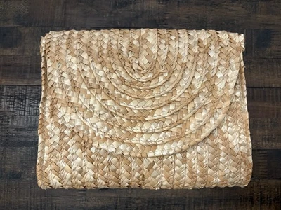 Straw Clutch Purse Button Snap Closure Boho Beach - Image 1 of 4