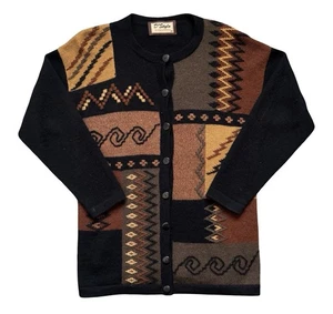 Vintage 100% Alpaca Wool Cardigan Womens Medium Black Brown Funky Pattern - Picture 1 of 10