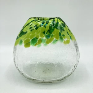 Mundgeblasene Kunstglas Crackle Vase grün Konfetti Künstler signiert 2010 4 5/8" Höhe - Bild 1 von 15