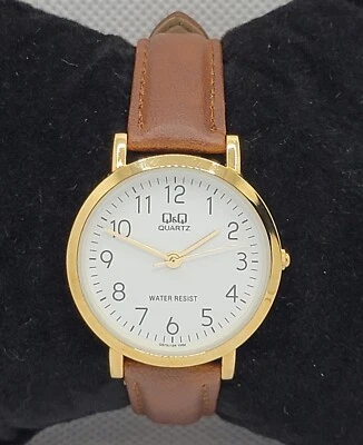 Ladies QQ Classic Dress Gold Tone White Dial Brown Leather Strap Analog Watch K5 - image 1 of 4