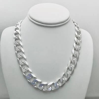 15mm REAL 925 Solid CURB Sterling Silver Cuban Chain Necklace ITALY Diamond Cut - Image 1 of 4