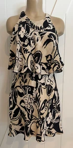 Polo Ralph Lauren 100% silk Dress Size 2 Tan Black Ruffle cut-out/cold shoulder - Picture 1 of 9