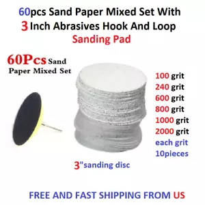 60pcs Sand Paper Mixed Set With 3 Inch Abrasives Hook And Loop Sanding Pad - Picture 1 of 9