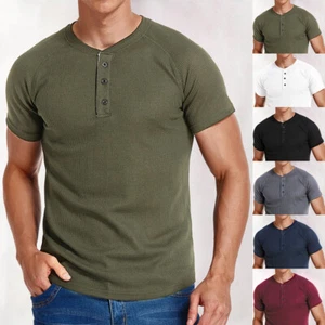 Mens Henley Shirts Short Sleeve Ribbed Buttons Grandad Casual T Shirt Tops Tee - Picture 1 of 26