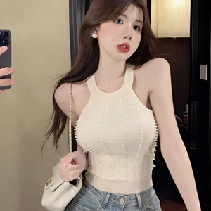 Summer Sexy Women Pearl Beading Knit Slim Sleeveless Halter Vest-i - Picture 1 of 13