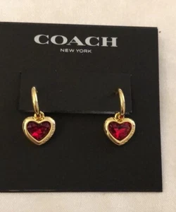 Coach Polished Gold Tone Huggie Hoop Earrings Red Crystal Heart Charm NWT - Picture 1 of 16