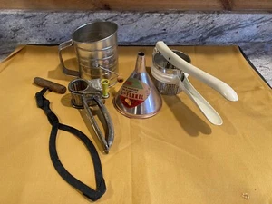 Vtg 5 Piece Lot Kitchen Utensils Ricer Ice Tongs Etc - Picture 1 of 6