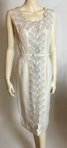1960s True Vintage Alix of Miami Elegant Ivory Linen Embroidered Sheath Dress S - Picture 1 of 13