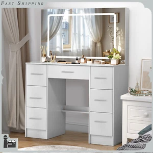 Dressing Table Makeup Desk Vanity Set with Large Hollywood LED Mirror 7 Drawers - Picture 1 of 8