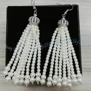 4mm White South Sea Shell Pearl Round Beads Tassel Dangle Silver Hook Earrings - Picture 1 of 6