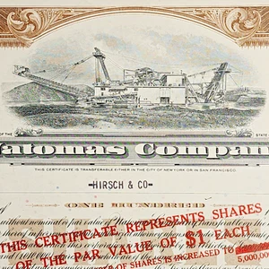 Certificado de acciones de capital Natomas Company Hirsch & Co. draga minera 1956 - Imagen 1 de 3