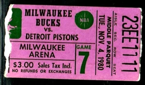 1980 BASKETBALL NBA TICKET BUCKS PISTONS SYDNEY MONCRIEF BOB LANIER NOV 4 GAME 7 - Picture 1 of 1