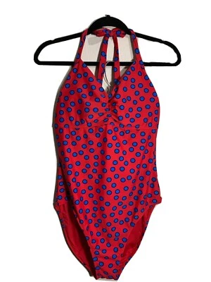 Traje de baño antiguo azul marino talla grande de una pieza lunares halter recortado trasero rojo azul Foto 1 de 4