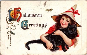 Cartolina HALLOWEEN GATTO NERO RAGAZZA STREGA in rilievo serie 332 F JO5 - Foto 1 di 2