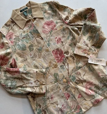 NWT Lauren Ralph Lauren Women’s M Linen Blend Chore Barn Jacket Floral Tan - Image 1 of 4