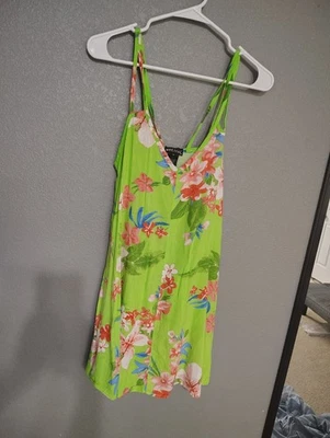 Y2K Wet Seal Green Floral Mini Dress Tropical Festival M Rayon Spaghetti Strap Foto 1 de 4