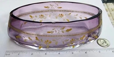 Antique Bohemian Moser Art Glass Purple Tint Hand Painted Enamel Oval Bowl - Image 1 of 3