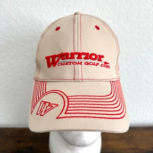 Warrior Custom Golf .com Baseball Trucker Hat Cap Stitched Tan Red Snapback EUC - Picture 1 of 8
