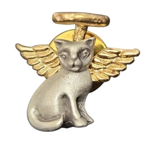 Gatito Gato con Alas de Ángel y Halo Vintage Camco Peltre Pin Dorado y Plateado - Imagen 1 de 5