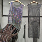 Women Glitter Rhinestone Fishnet Mesh Vest Dress Mini Sleeveless Sheer Cover Up
