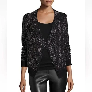 ALICE + OLIVIA NENA BLACK WOOL FLORAL BEADED CARDIGAN Size XS - Picture 1 of 9