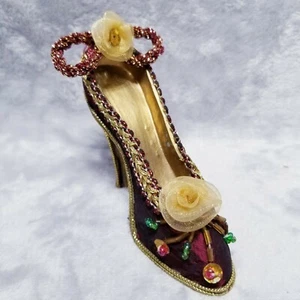 Vintage Mini High Heel Decorative Figurine Resin Shoe Burgundy Gold Flowers Bead - Picture 1 of 6