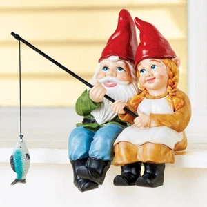 Adorable Fishing Gnome Couple Garden Statue Sculpture Yard Ornament Home Decor - Picture 1 of 3