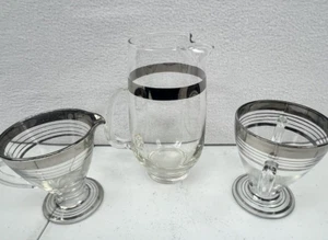 Vintage Art Deco Silver Ringed Footed Sugar & Creamer Set and Pitcher MCM - Picture 1 of 5