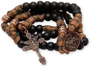 Collana Rosario Resistente Perline Nero Opaco Marrone Paracord San Michele - Foto 1 di 4