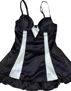 Vintage Rampage Lingerie 90s Baby Doll Slip Satin Black White Top Underwire sz S - Picture 1 of 5