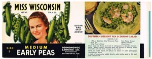 ORIGINAL CAN LABEL VINTAGE AÑOS 30 MISS WISCONSIN ECONOMOMOWOC PEAS RARO - Imagen 1 de 1
