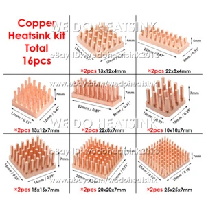 16 pièces dissipateur thermique cuivre kit bricolage 100% cuivre radiateur refroidisseur 10x10mm 15x15mm 20x20m - Photo 1/11