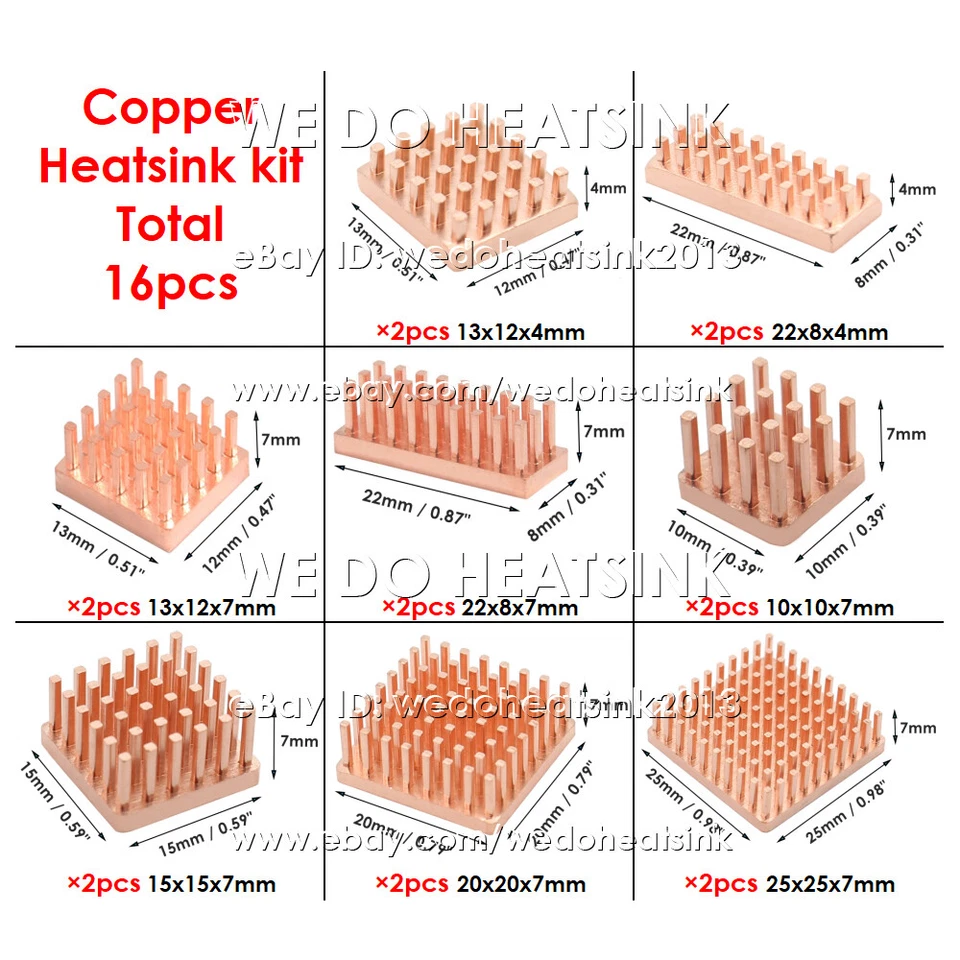 16pcs Copper Heatsink DIY Kit 100% Copper Radiator Cooler 10x10mm 15x15mm 20x20m - Image 1 of 4