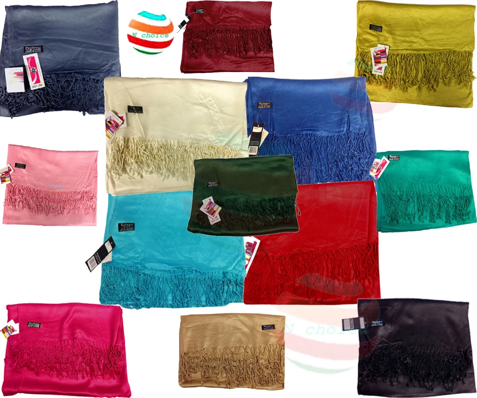 Donna Sciarpa di Qualità 100% Pashmina Raso Scialle Matrimonio Sposa Hijab - Immagine 1 di 1