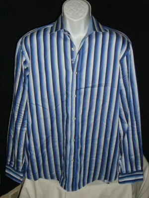 BUGATCHI BLUE/WHITE STRIPED 100% COTTON L/S BUTTON FT. SHIRT SZ. L SLIM - Image 1 of 4