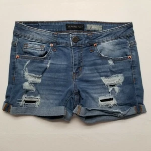 Aeropostale 4 Midi Distressed Medium Blue Wash Folded Hem Women's Jean Shorts - Picture 1 of 11