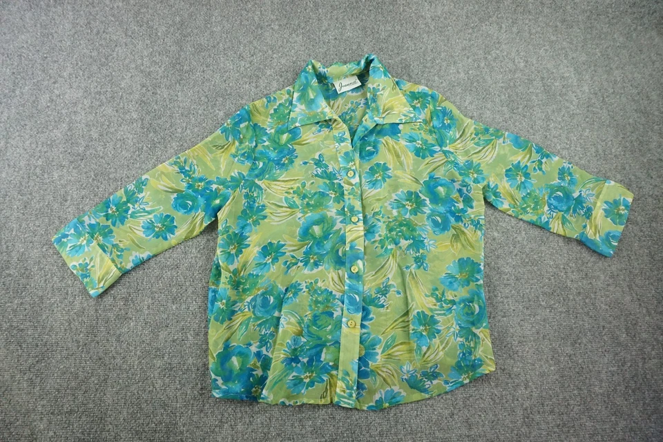 Joanna Blouse Womens Medium Green Blue Sheer Button Front Tank Quarter Sleeve - Image 1 of 4