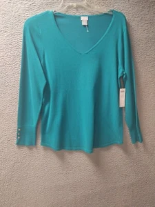 Chicos Sweater Womens Size 2 (Large/12) Blue Teal Button Embellished NWT - Picture 1 of 7